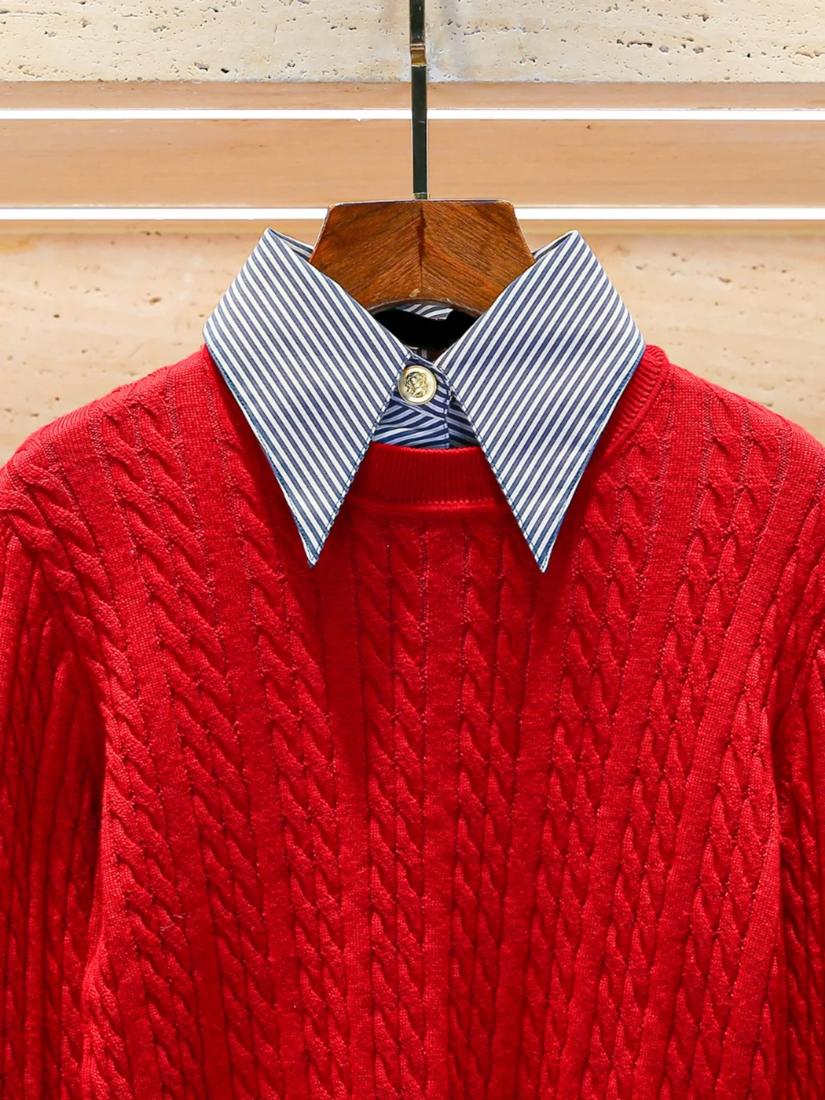 Haut tricoté rayé Premium Ne faux deux pièces vêtements rouges du nouvel an pour les femmes trajet Sle coupe régulière longue Sve...