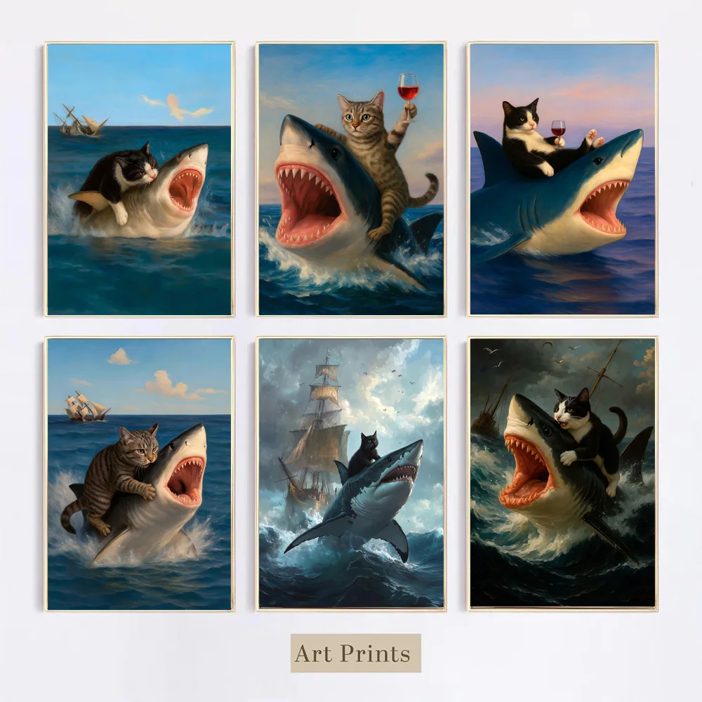 Funny Quirky Cat And Shark Wall Art Painting On Canvas Prints Cute Cat Ride Shark Home Decor Poster For Living Room