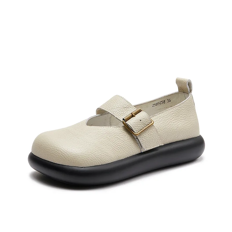 Careaymade-echt leer bredere teen damesschoenen, koeienhuid dikke zolen dames enkele schoenen, comfortabele casual verhogingsschoenen