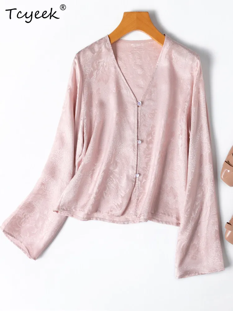 

Tcyeek 100% Mulberry Silk Womens Tops 2026 Elegant Shirts for Women Spring Summer Clothes Sunscreen Long Sleeve Shirt Cardigan