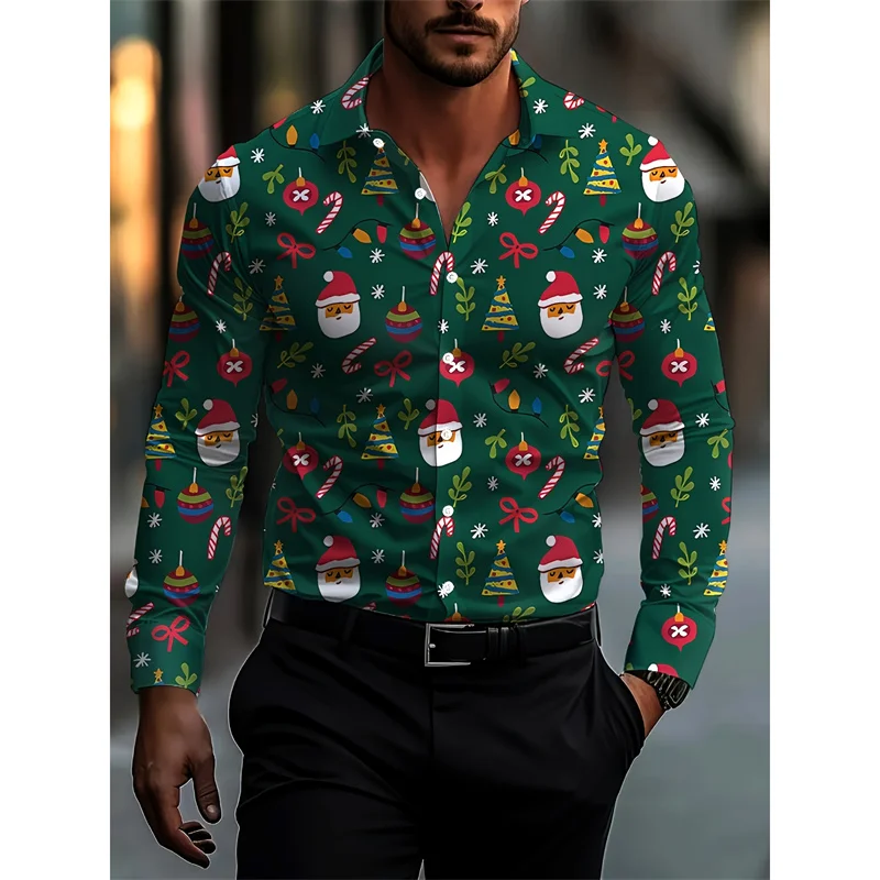 عيد الميلاد سانتا كلوز نمط الرجال قمصان طويلة الأكمام للرجال عيد الميلاد الديكور ثلاثية الأبعاد بلوزة مطبوعة قمصان فضفاضة غير رسمية بلايز