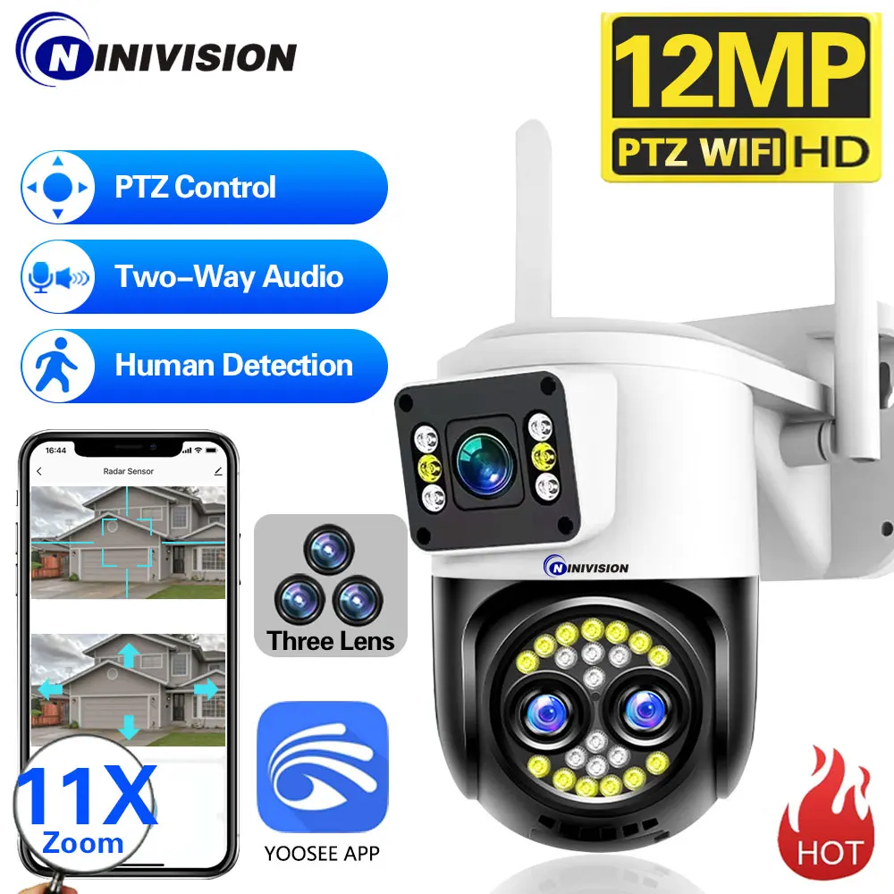 

11X PTZ Zoom 12MP WiFi IP Camera Three Lens Wireless Outdoor Samrt Home Security Protection AI Tracking CCTV Video Surveillance