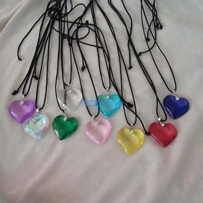 

T21F Fashion Clear Glass Heart Pendant Necklace Temperament Lace up Necklace Choker Jewelry Clavicle Chain Collar Necklace