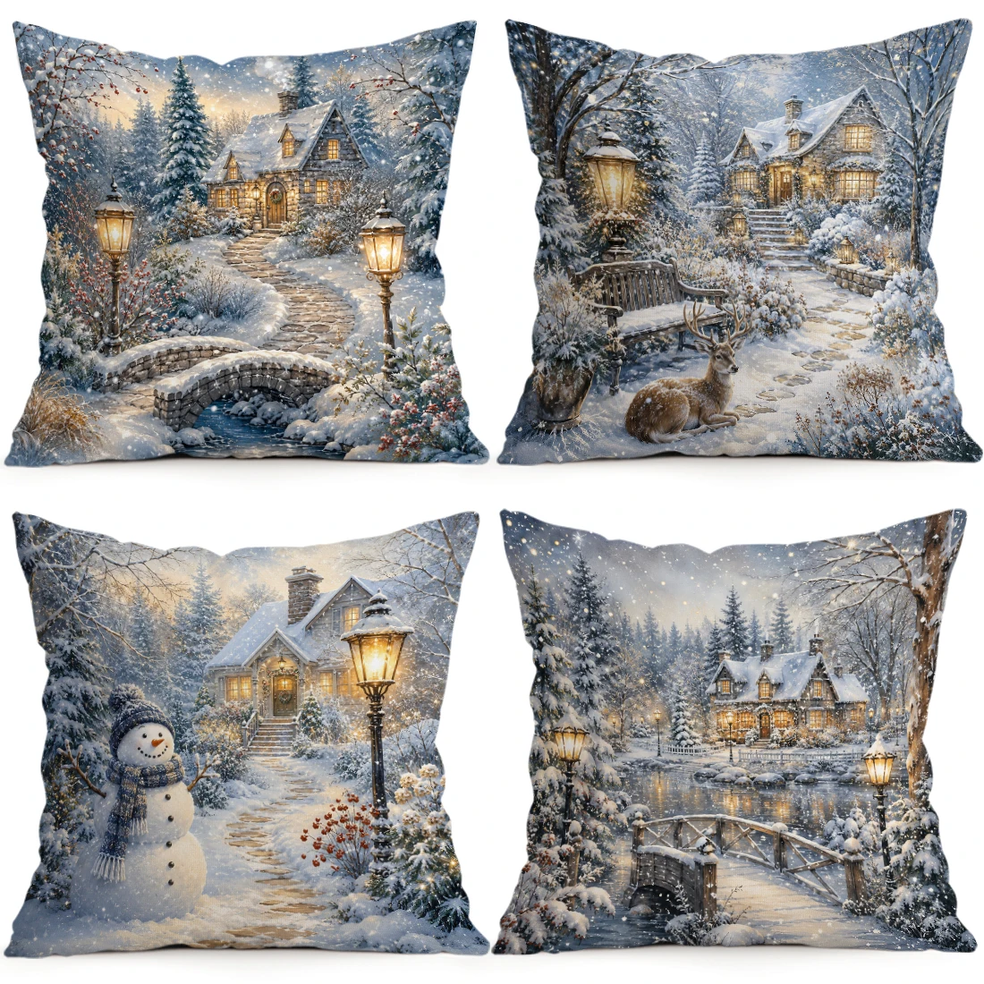 1/4pcs Winter Snowy View Cottage Cushions Pillowcase Polyester Cushion Cover Throw Pillow Pillowcover Home Car Sofa Decor