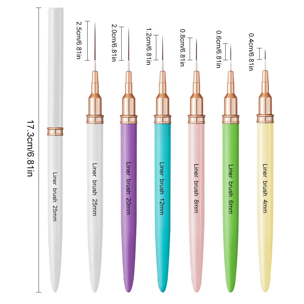 4/6/8/12/20/25mm Colorful French Nail Art Liner Painting Brush 6Pcs/set Elongated Lines Nail Drawing Pen Brush DIY Manicure
