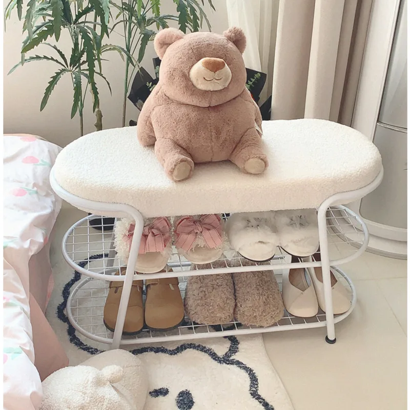 Nordic Entryway Shoe Change Bench Simplistic Shoe Cabinet Stool Lamb Wool Soft-Padded Bench Hallway Storage Chair Shoe Rack