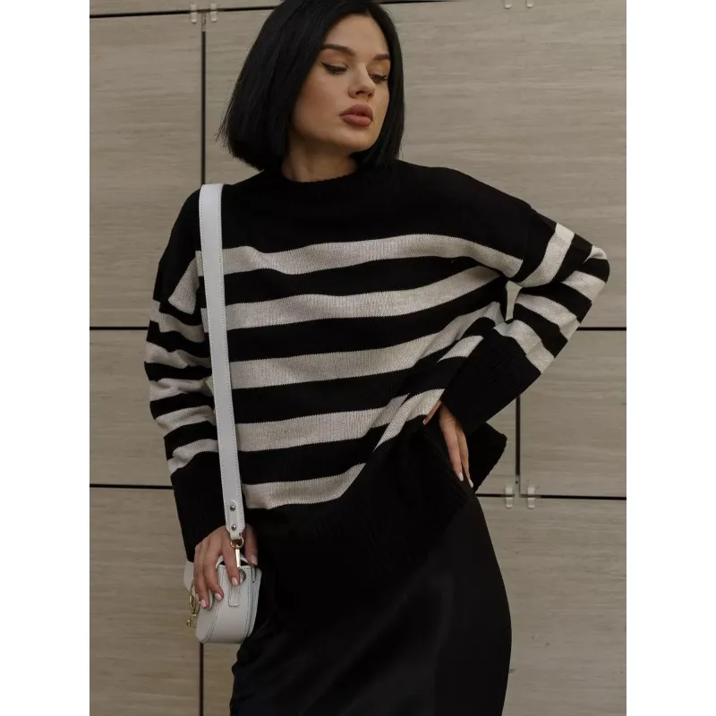 Women'sKnitted Sweater 2025Spring and Autumn New Style Casual Striped Loose Round Neck Hooded Sweater Coat European and American