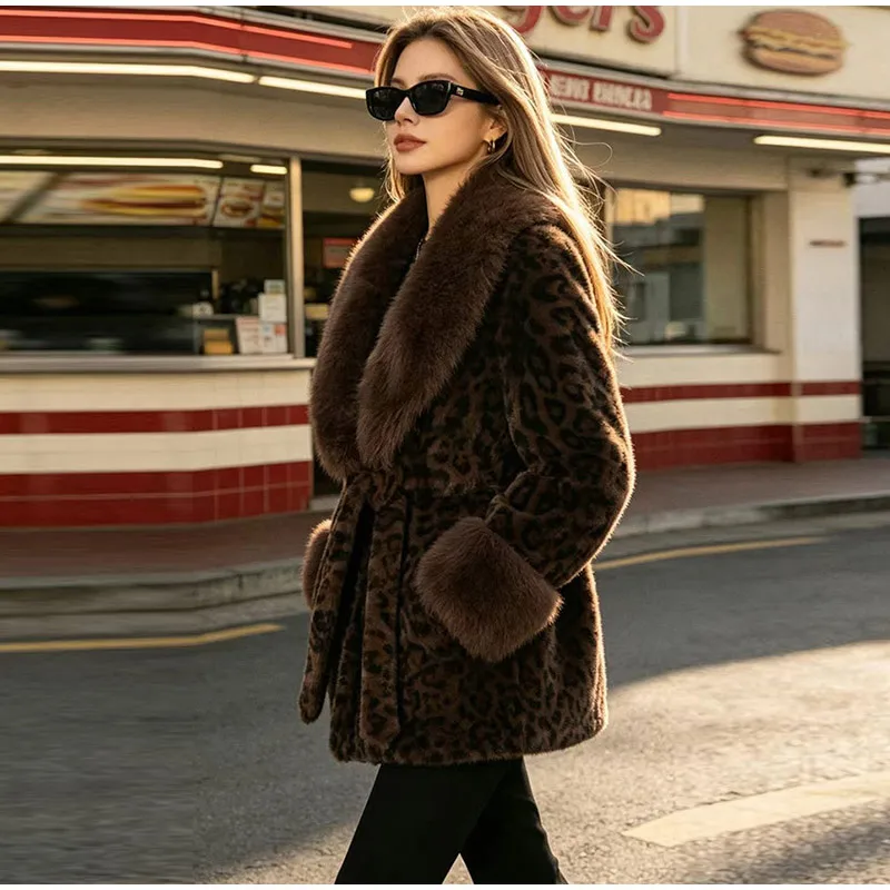 Tie Waist Faux Fur Coat Leopard Pattern Shawl Lapel Furry Cuff Splicing Long Sleeve Loose Chic Jacket 2026 Women's Fashion Coats