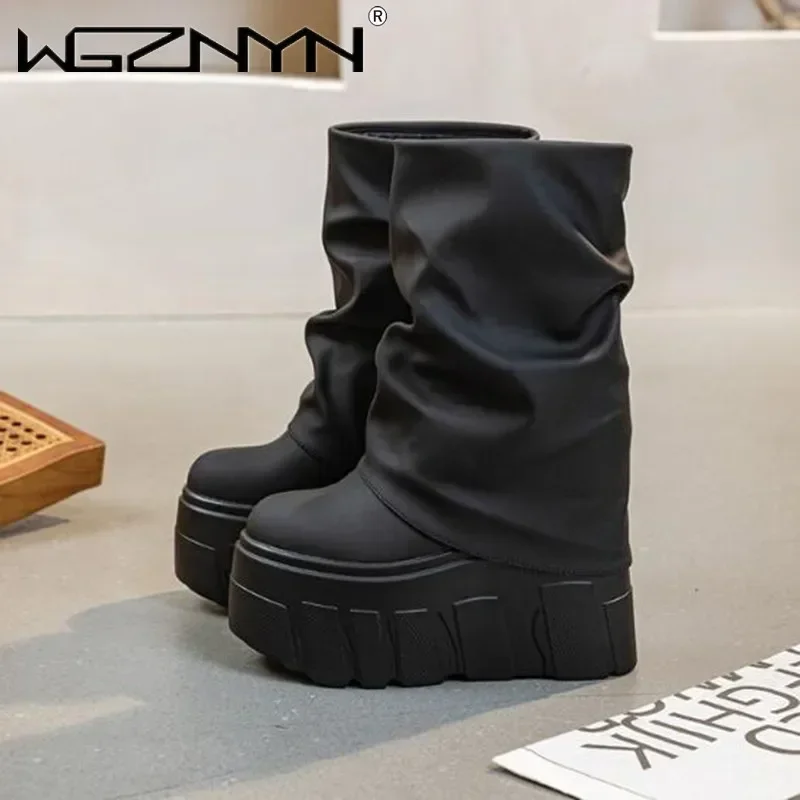 14CM New Ankle Booties Shoes Natural Microfiber Leather Boots Luxury Winter Women Motorcycle Boots Platform Ladies Fashion Botas