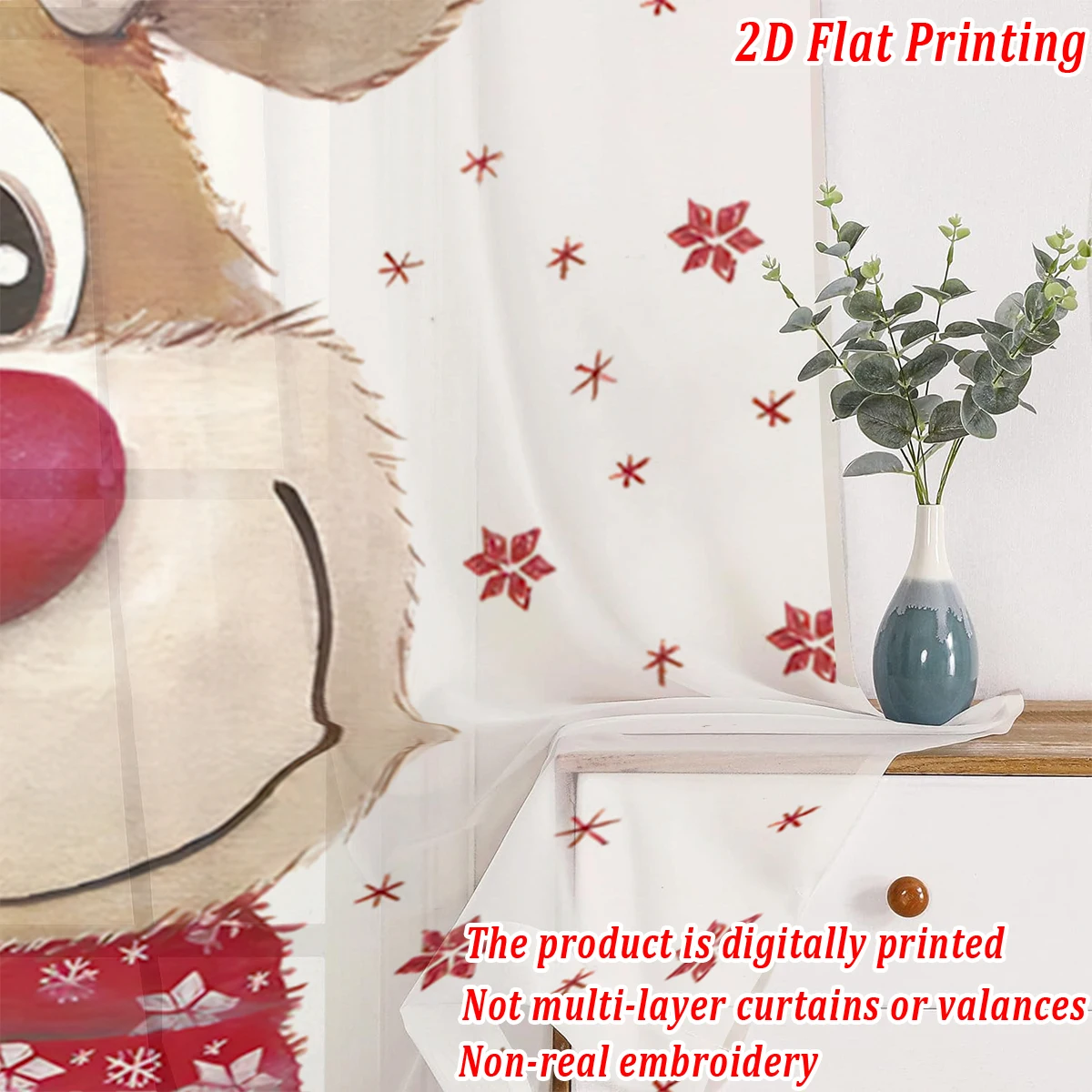 Christmas Flat Printing Sheer Curtain with Star Reindeer Bell Flowers for Living Room Bedroom Decor Holiday Party