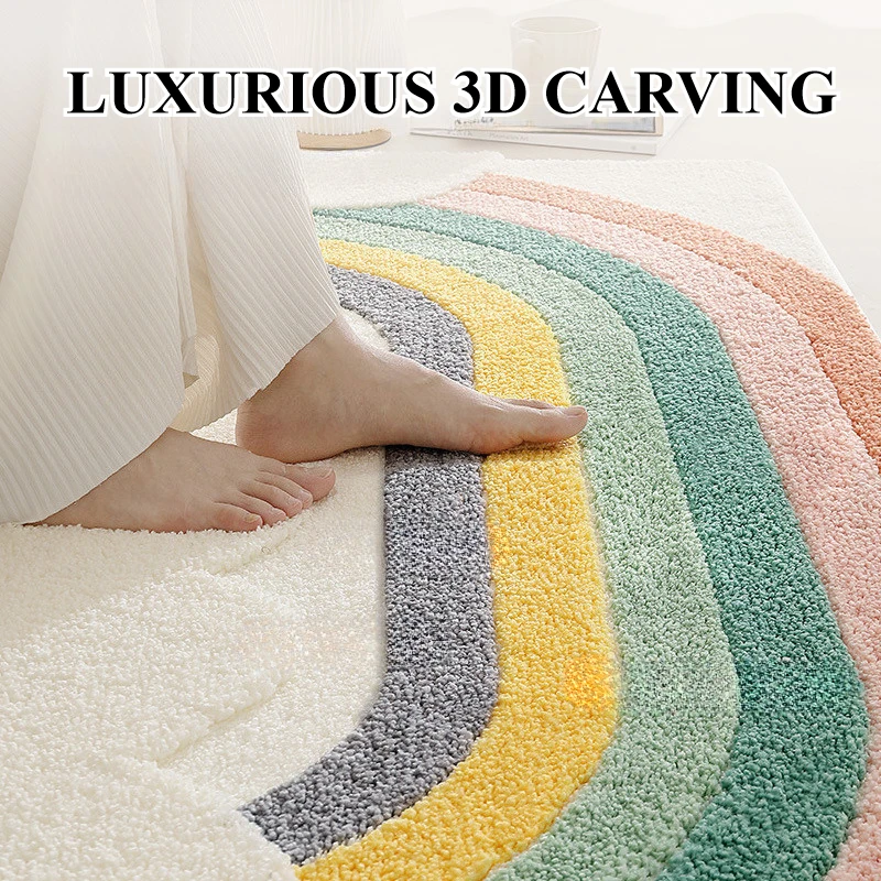 Boho Rainbow Long Carpet, Bedside Runner Rug, Home Decor Floor Mat, Absorbent Non Slip Bath Mat, 3D Plush Surface, Thick Tufted