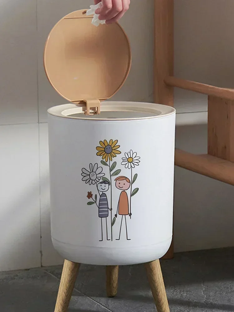 Press Type Large Capacity Waste Bins High Foot Wood Trash Can Nordic Style Dustbin for Living Room Toilet Kitchen Garbage Bucket