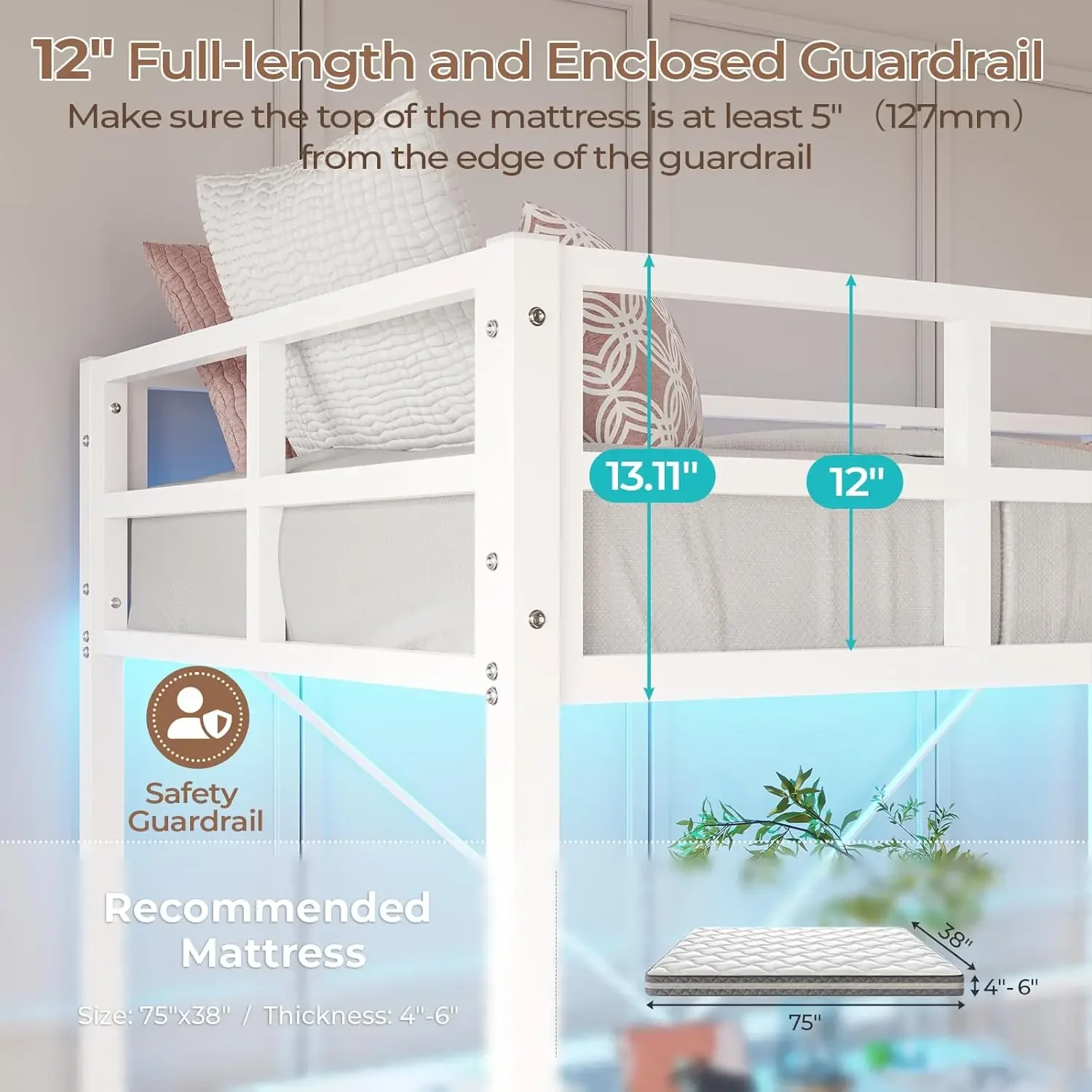 Volledig bedframe met boekenkast, hoofdeinde, 4 opbergladen, laadstation, lattenbodem, geen boxspring nodig, LED-bedframe