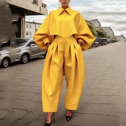 Beautyblue Elegant Women's Sets Yellow Two Piece Set Casual Buttoned Pleated Lapel Blouses Pleated Pockets Trousers Female Suit