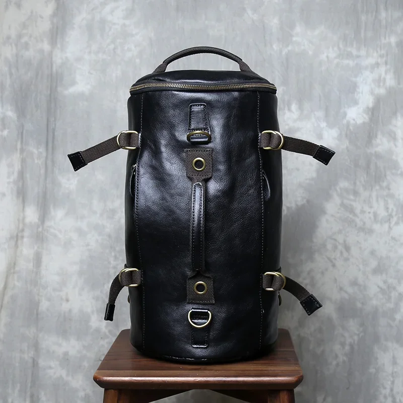 

Retro Men's Leather Backpack Outdoor Multifunctional Large Capacity Travel Bag Leather Top Layer Fitness Cylindrical Backpack