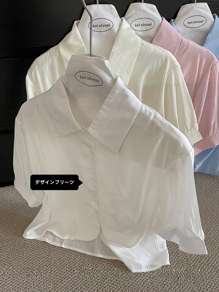 

Anti-Aging Pure Color Pleated Casual ort Sve irt Women's Faion Korean Sle Commute Loose Fit Button up Top