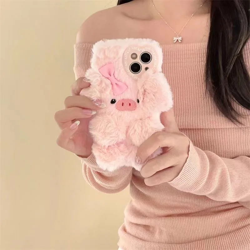 Luxury Pink Piggy Fluffy Fur phone case protection for iPhone 16 15 13 12 11 14 Pro Max XS XR 7 8 Plus X Lovely Pig Plush Coque