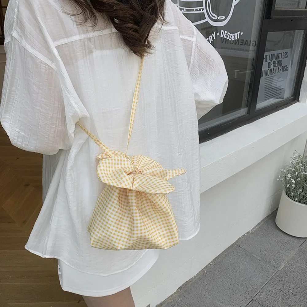 

Cute Korean Style Plaid Drawstring Bag Printing Canvas Small Crossbody Bag Storage Bag Bundle Pocket Shoulder Bags Travel