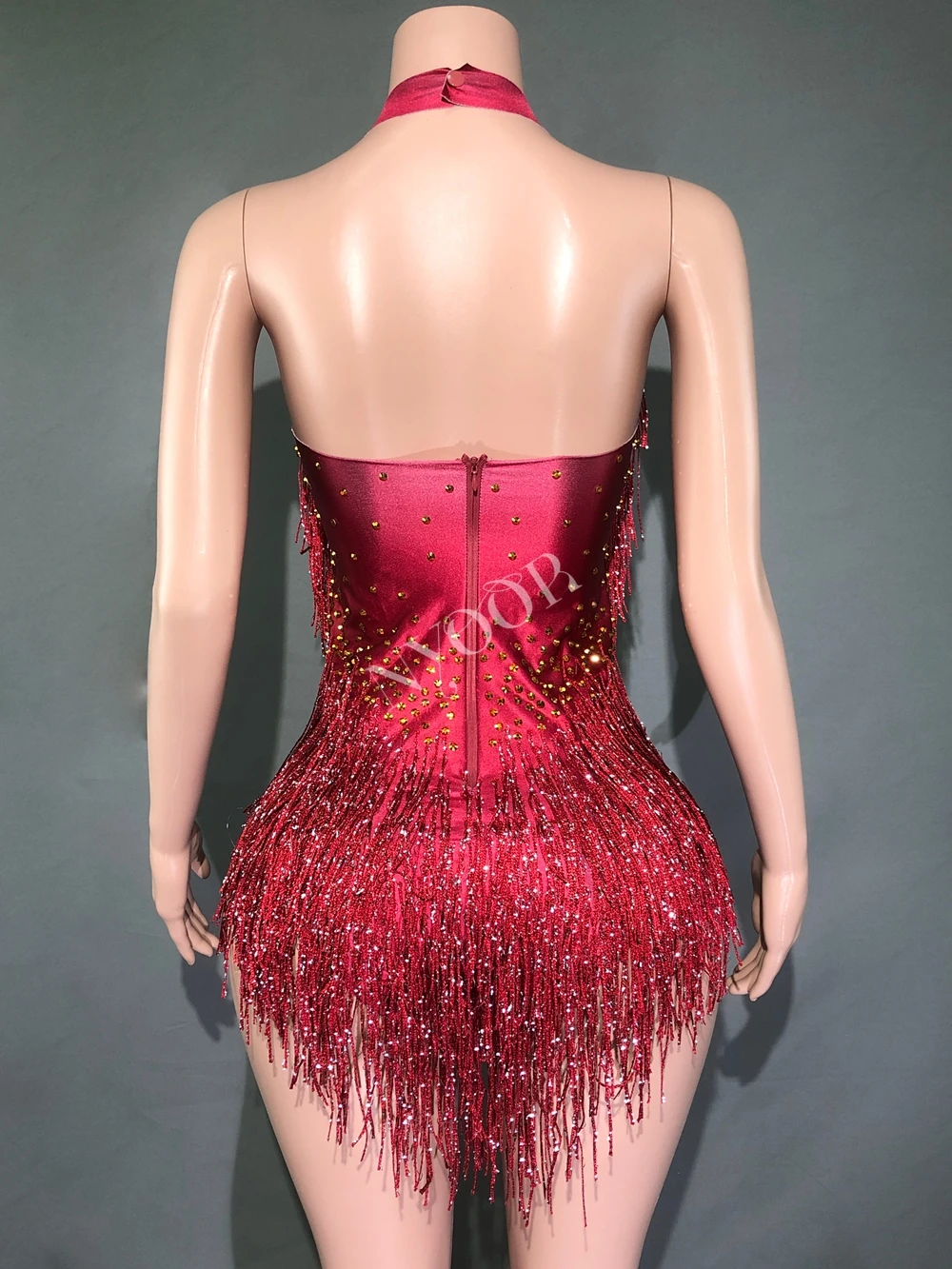 Sparkly Gold Rhinestones Wine Red Fringes Bodysuit Women Nightclub Outfit Performance Dance Costume One-piece Stage Leotard