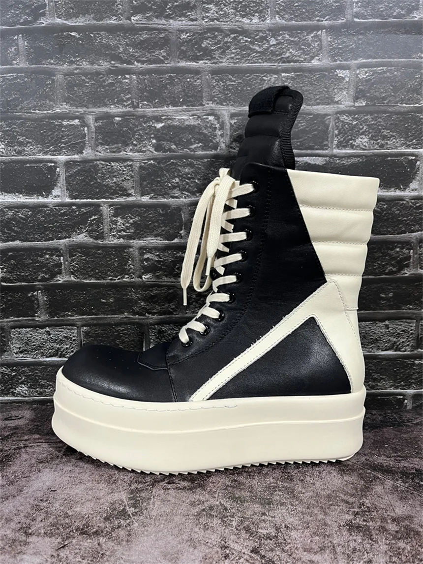 Mid-High Cowhide Handmade Thick Sole Increasing Platform Punk Hip Hop Street Boots