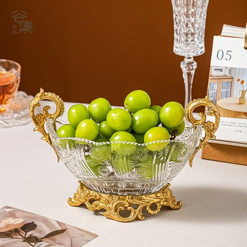 Crystal Glass Fruit Bowl Vintage Brass Fruit Plate Living Room Desktop Coffee Table Storage Tray Home Decoration Ornaments