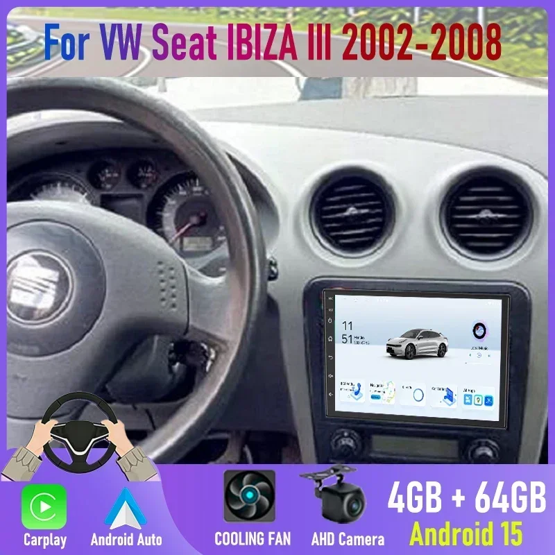 Rádio Automotivo Android 15 Auto Carplay 7 polegadas Double Din para VW Seat IBIZA III 2002-2008, Rádio com Espelho, Multimídia, Vídeo e GPS.