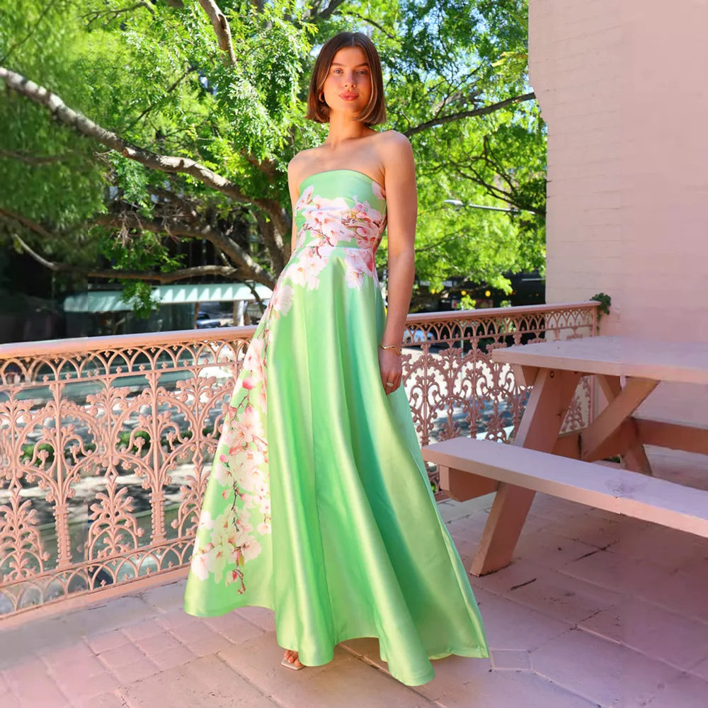 Vestidos femininos elegantes retalhos cetim sexy sem alças vestido de impressão vestido de noite abendkleid damen hochzeit vestidos mujer