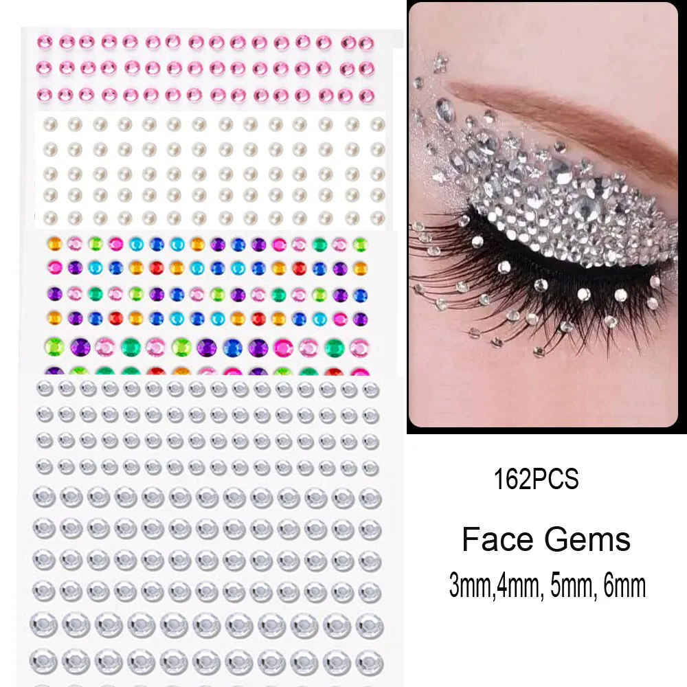 162pcs Mix 3mm/4mm/5mm/6mm Pearls Stick on Self Adhesive Rhinestones Stickers Pearls Gems Stickers for Face Makeup DIY Crafts *^