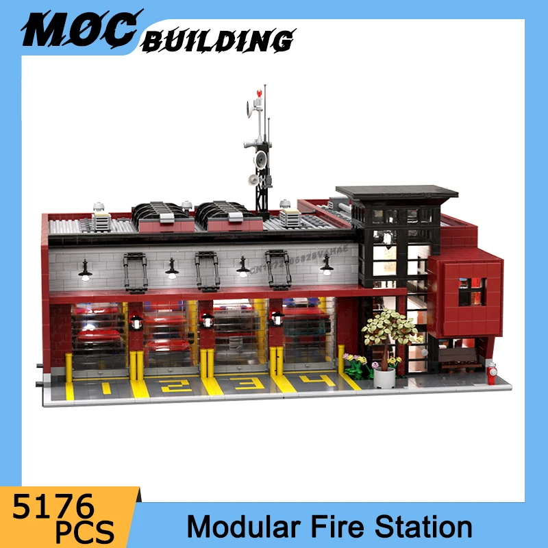 MOC City Firefighting Department Modular Fire Station Street View Building Blocks DIY Assembly Bricks Creative Construction Toys