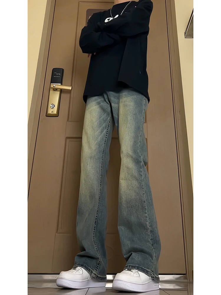 

Retro Blue Men's Jeans High Waist Micro Flared Straight Leg American Vibe Summer High Street Faion Durable Wear Resistant