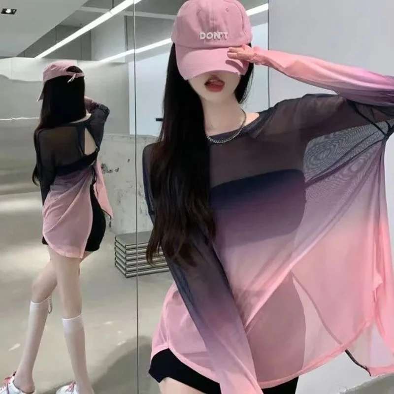 Hollow Out Women T Shirt Korean Y2K Thin Gradient Backless Loose Female Tees Summer New Ice Silk Bandage Sexy Ladies Top