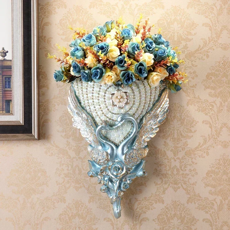 European Ancient Luxury Diamond Resin Vase Ornanents Home Wall Hanging Flowerpot Crafts Livingroom Desktop Figurines Decoration