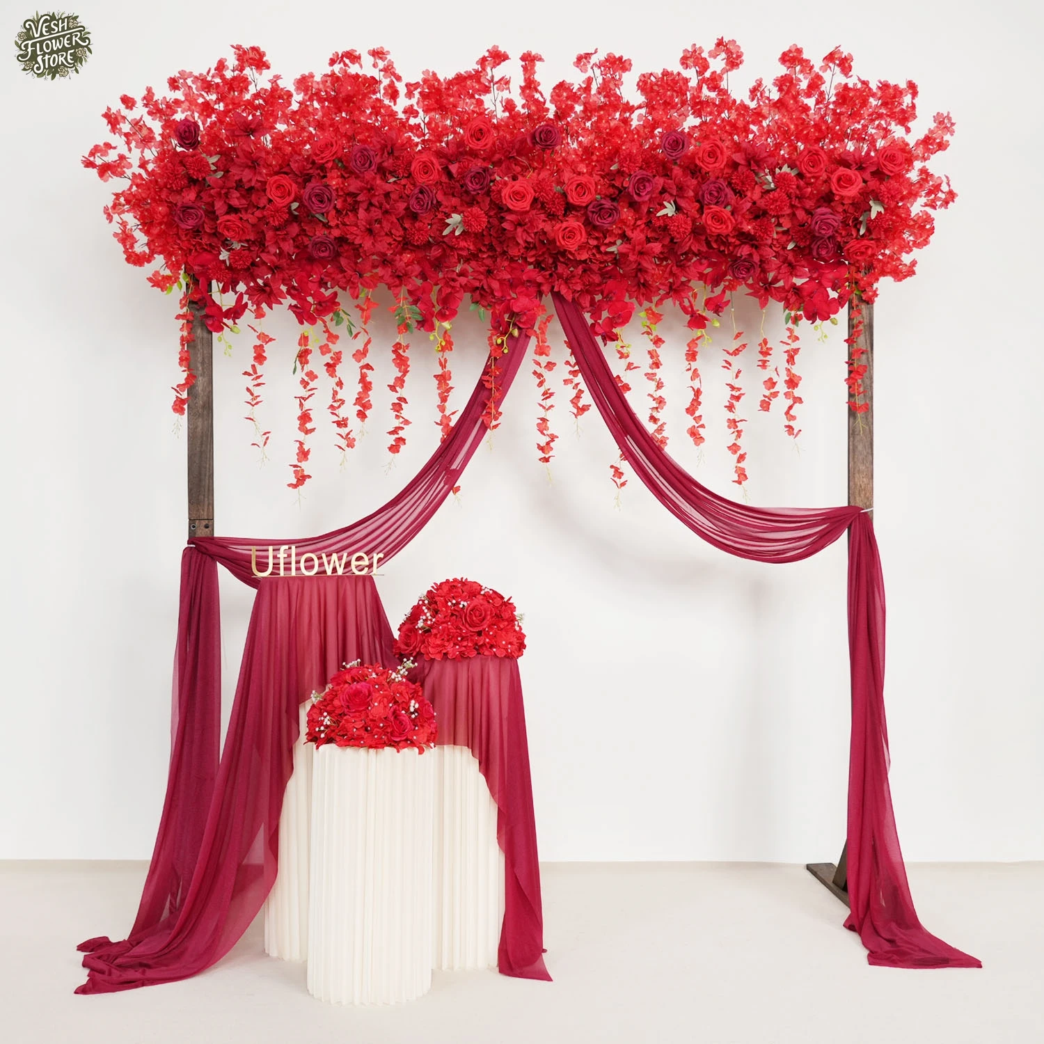 Uflower Artificial Red Flower Row Rose Wisteria Outdoor Wedding Party Banquet Event Background Decoration