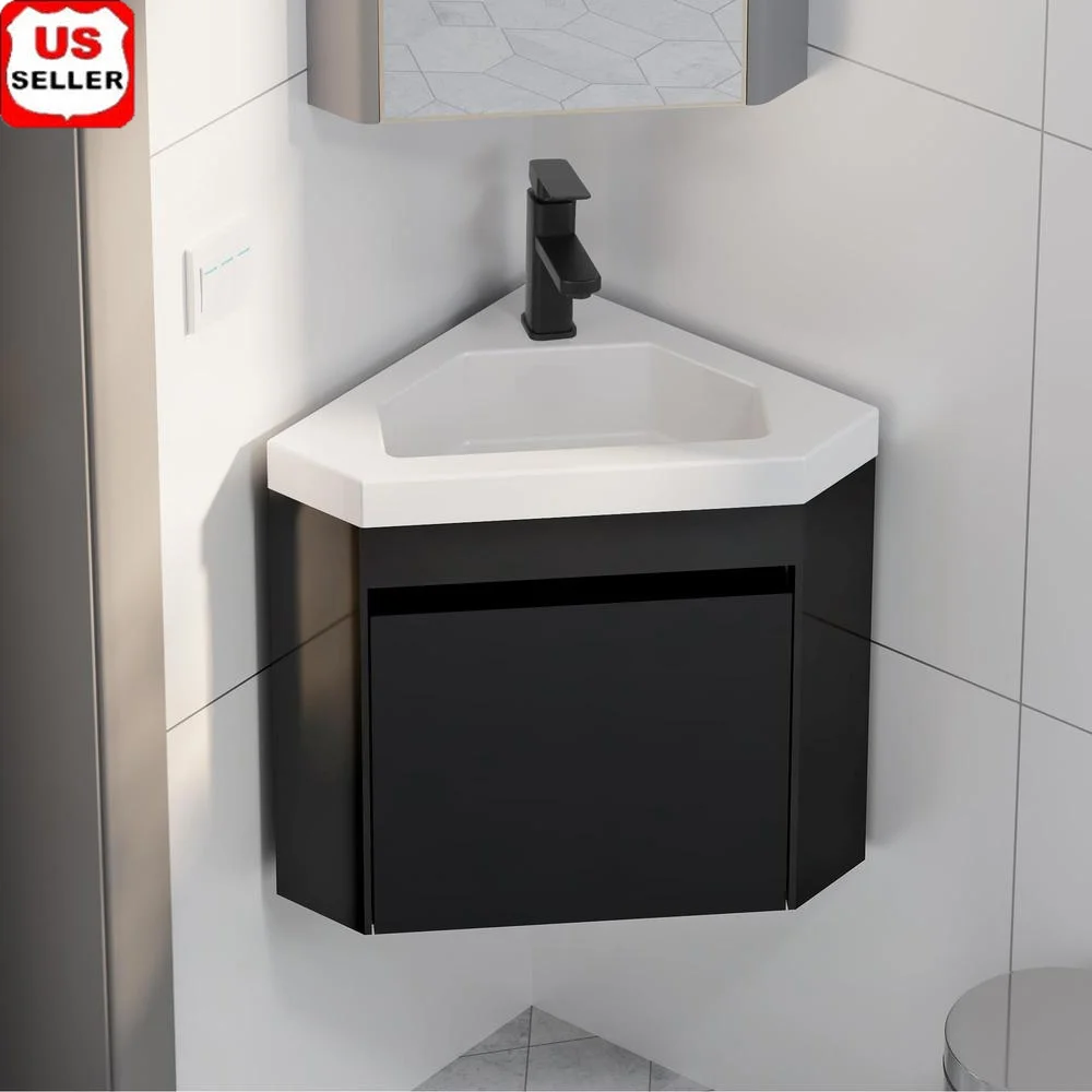 Corner Bathroom Vanity Sink Combo Wall Mounted with White Resin Sink Matte Black Faucet Space Saving Floating Design Durable MDF