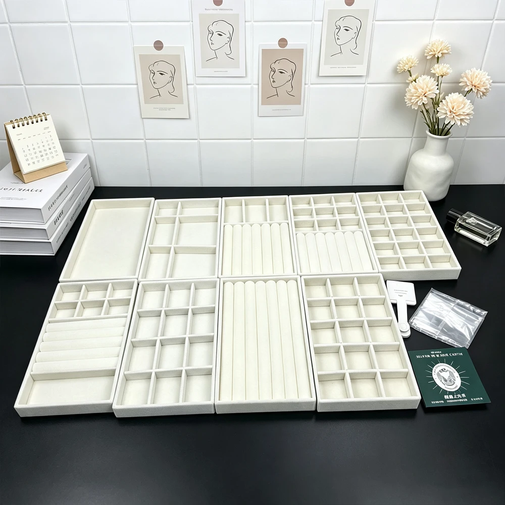 Multi-Size Storage Tray Made of Beige Velvet for Jewelry and Accessories, Accompanied by a Jewelry Storage Bag