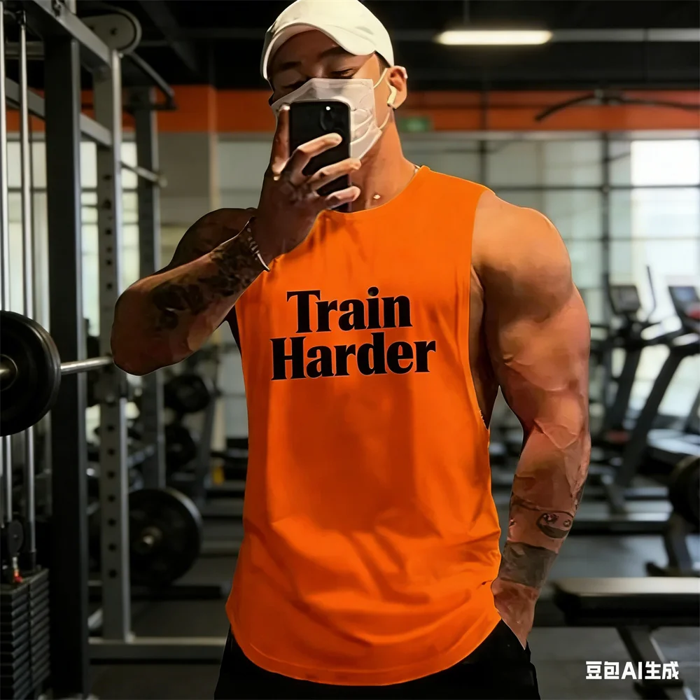 Summer men's vest gym clothing man Indoor fitness sleeveless T-shirt quick-dry tank top Train Harder print T-shirt ventilate ves