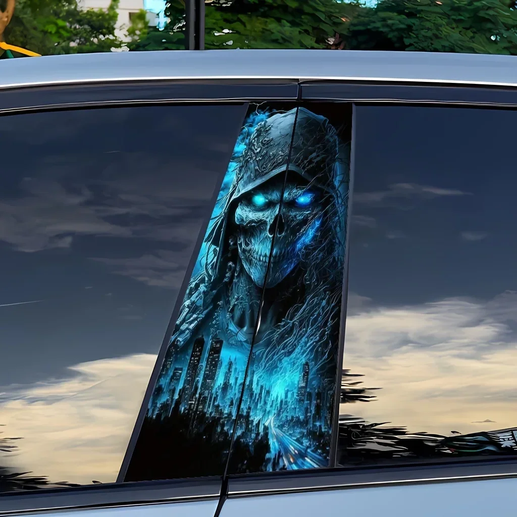 2-Piece Car Sticker - Skull Wizard Holloway Theme, Matte. Easy to Apply on Left & Right Pillars, Ideal for Vehicle Decoration.