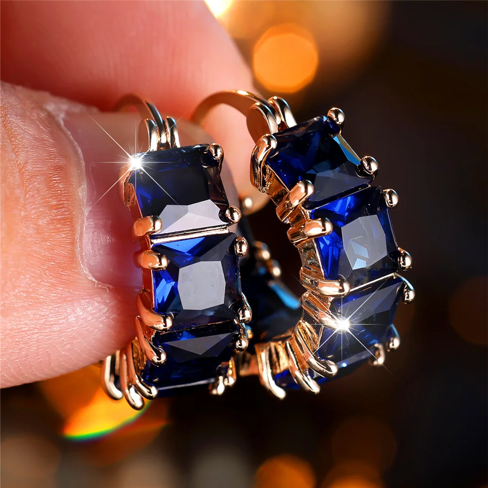 Crystal Green White Blue Square Zircon Stone Hoop Earrings For Women Fashion Female Gold Color Wedding Jewelry
