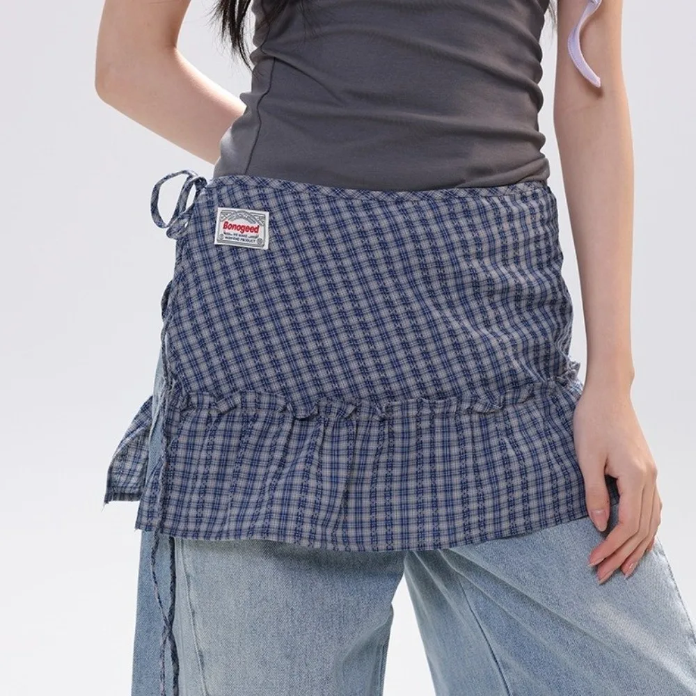 Fashion Balletcore Plaid Fart Curtain Lace Up Japanese Style Lace Mini Skirts Cake Waist Cover Tied Ruffle Short Skirts Spring