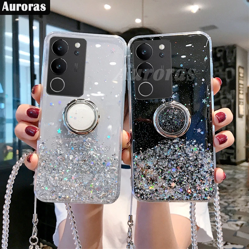 Auroras For VIVO V29 5G Case With Ring Solid Color Glitter Star Sequins Silicone Shell For vivo V29E V29 Pro Lite Back Cover