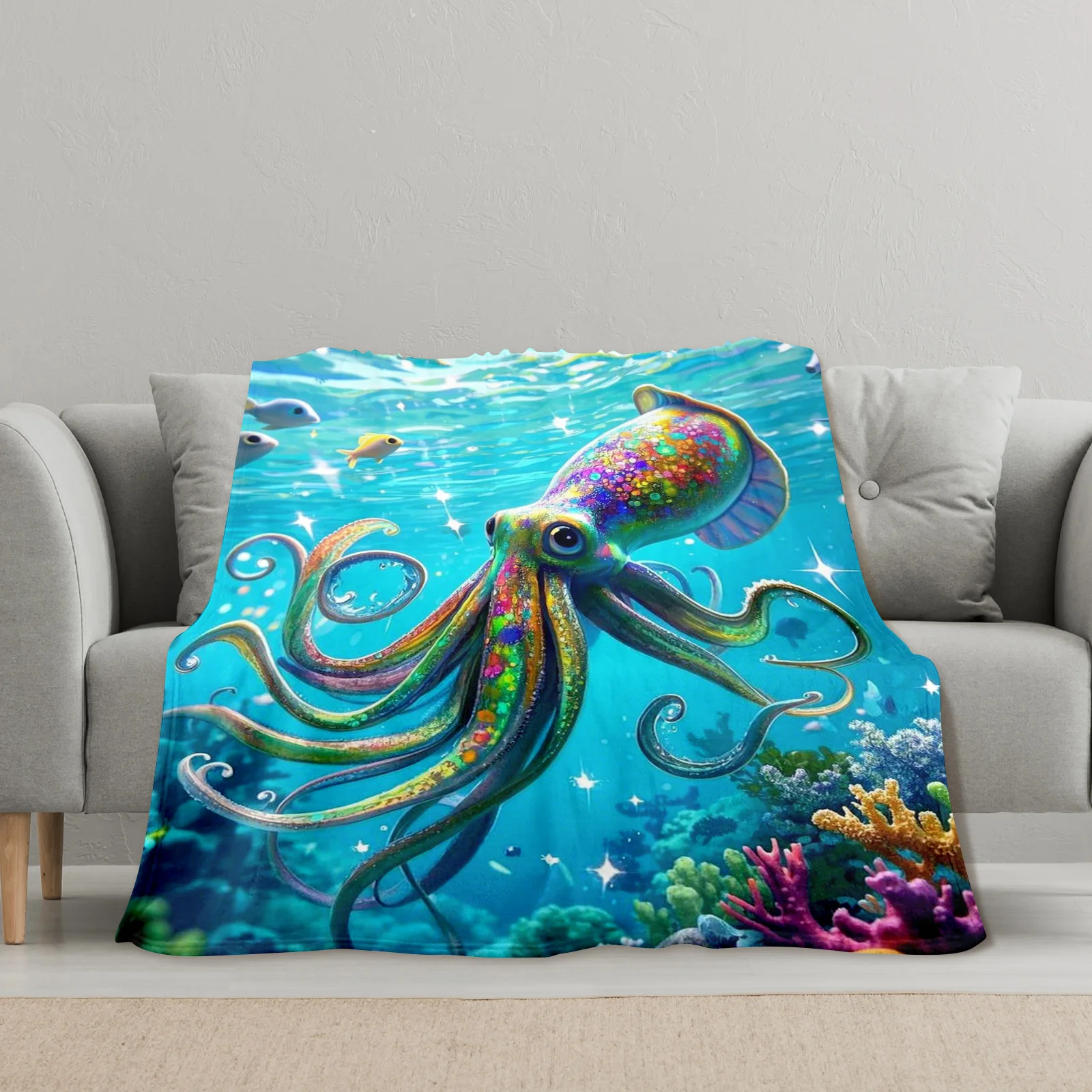Couverture sous-marine colorée en forme de poulpe arc-en-ciel, pour thèmes fantastiques d'océan et vibrations de mer bleues fantaisistes dans la décoration de la maison