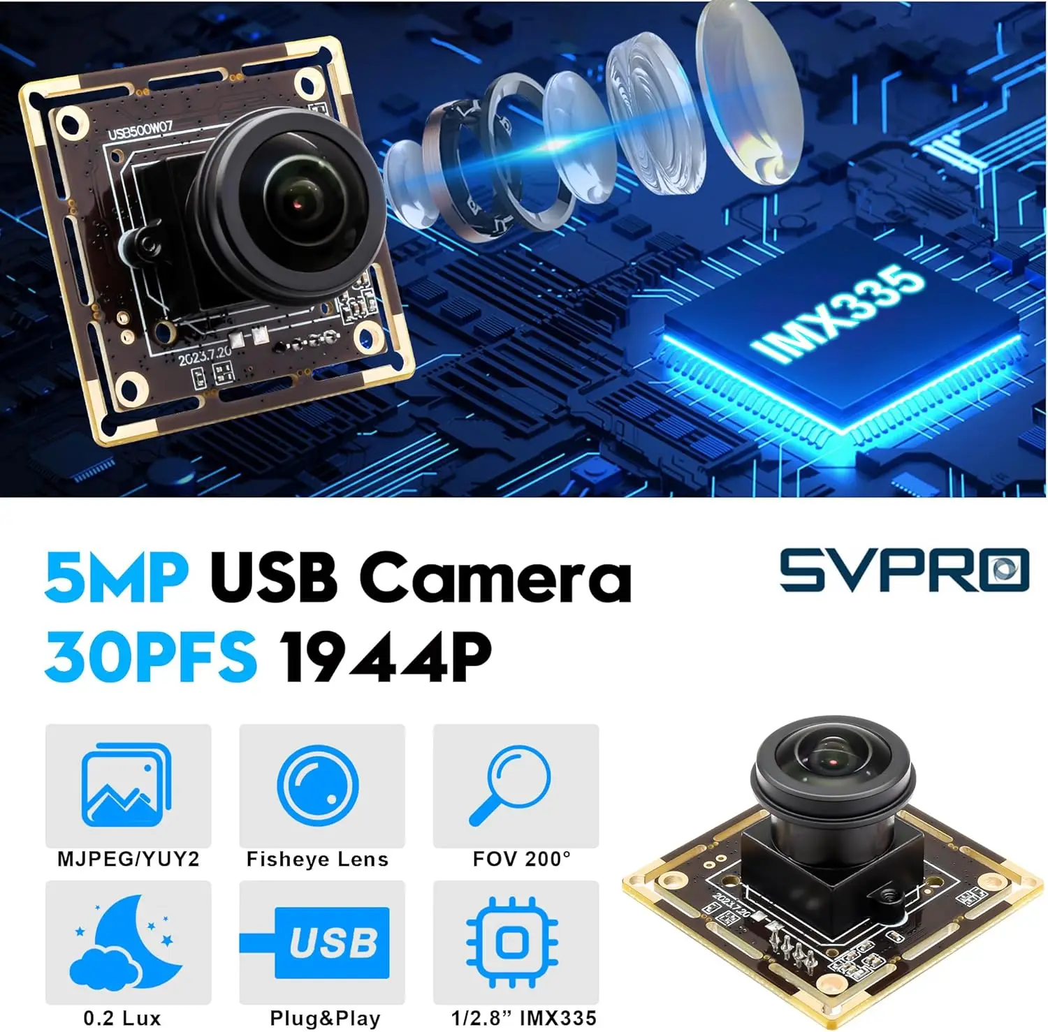 SVPRO 5MP 30fps USB Camera Module with 200degree Wide Angle Fisheye Webcam IMX335 Sensor Industrial Security Camera