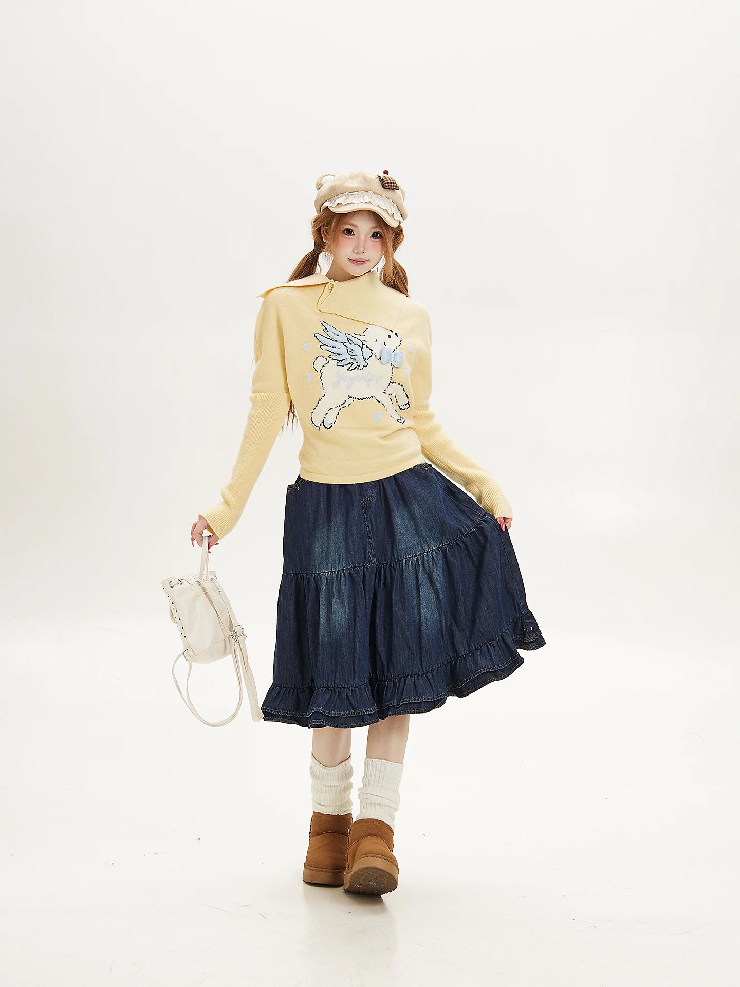 Cute Ant Design Knitted Sweater Women's Spring Autumn Waist-Cinching Long Sleeve  Collar Wool Blend Fashionable Knitwear