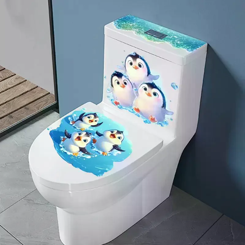 Cute Cartoon Penguin Toilet Decal Stickers Waterproof Self Adhesive Removable Fit Most Standard Toilet Lids for Home