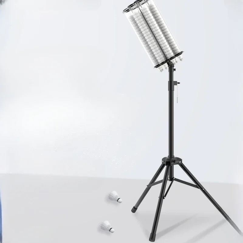 Badminton coach's auxiliary support for serving is large in ball barrel, adjustable in height and angle and rotatable.