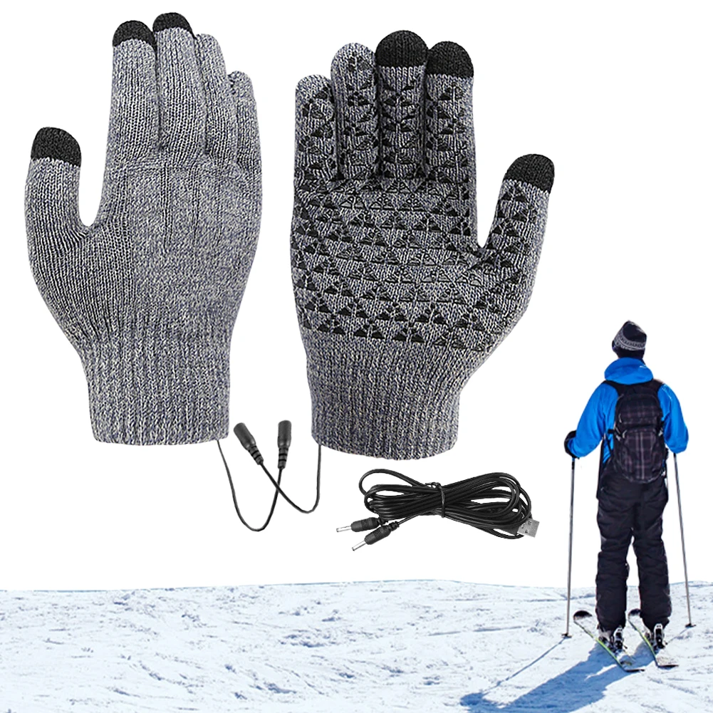 USB Heated Knitted Gloves Full Finger Gloves Non-Slip Thermal Knitting Mitts Thicken Winter Cycling Gloves for Men Women