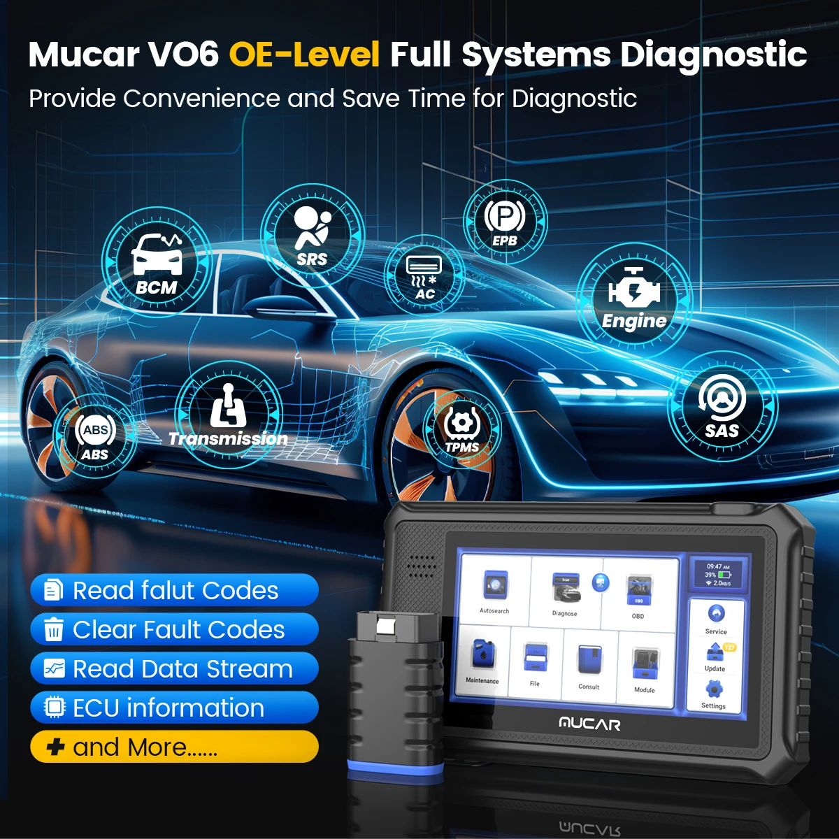 MUCAR VO6 OBD2 Automotive All System Diagnostic Tool Code Reader Key Programmer Auto Vin with 28+ Reset Functions Lifetime Free