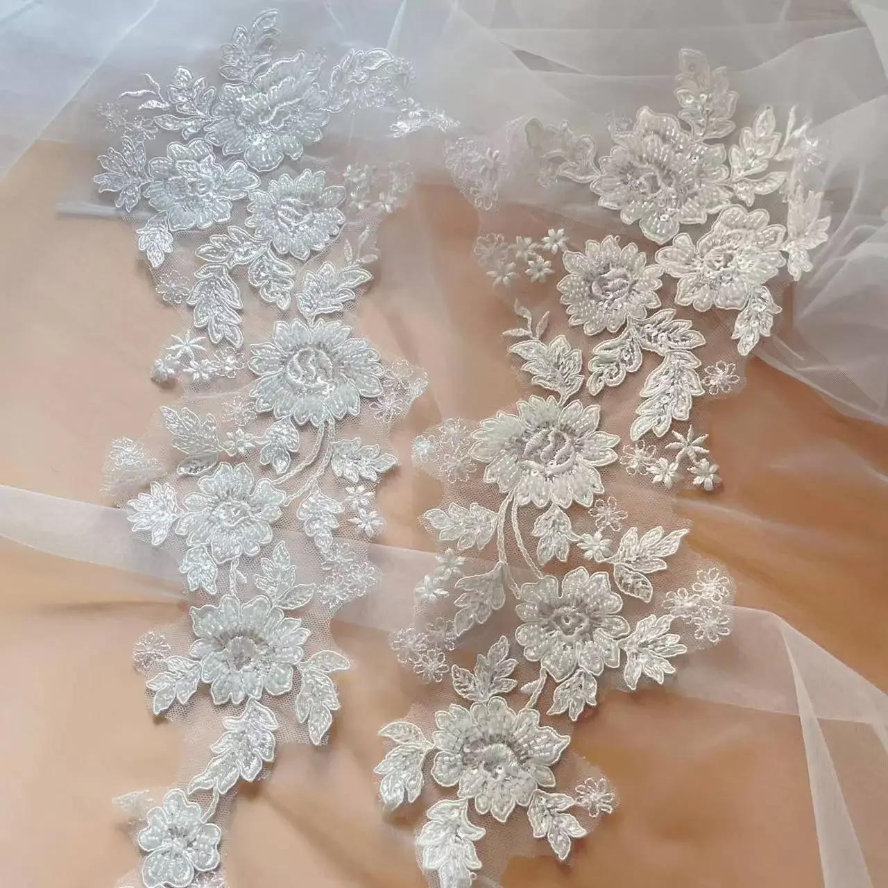 

48.5*19cm Black Rayon Beaded Sequin Flowers Embroidered Lace Mirror Applique Patch, DIY Wedding Dresses Accessories, Sewing