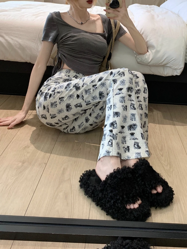 Y2k Aesthetic Casual Straight Dog Print Pants  Streetwear Fashion Vintage Slim Pantalon 2024 Summer Femme Womens Flare Trousers