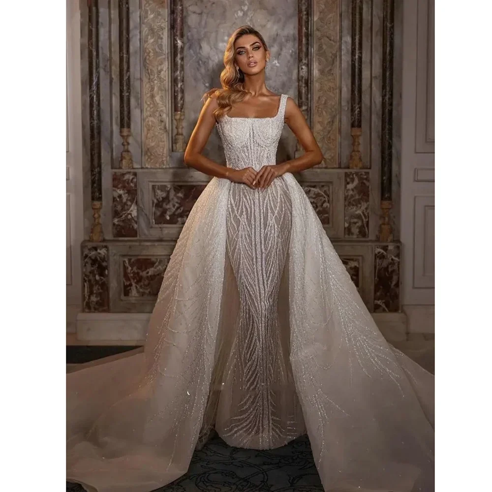 

Gorgeous Beads Sequined Wedding Dresses with Detachable Train White Sparkly Square Collar Mermaid Gowns Luxury Bridal Dresses